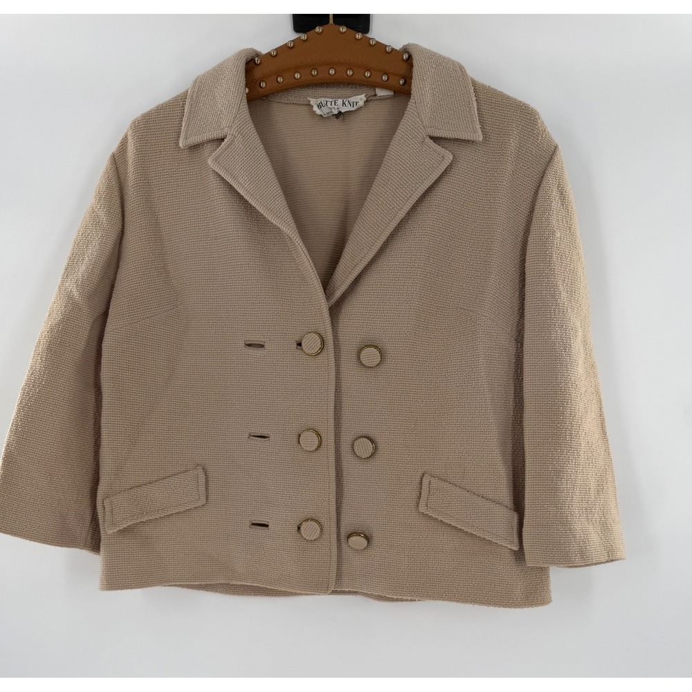 Vintage Butte Knit Tan Wool Double Breasted Blazer Jacket Size 14 Beige WPL 9442